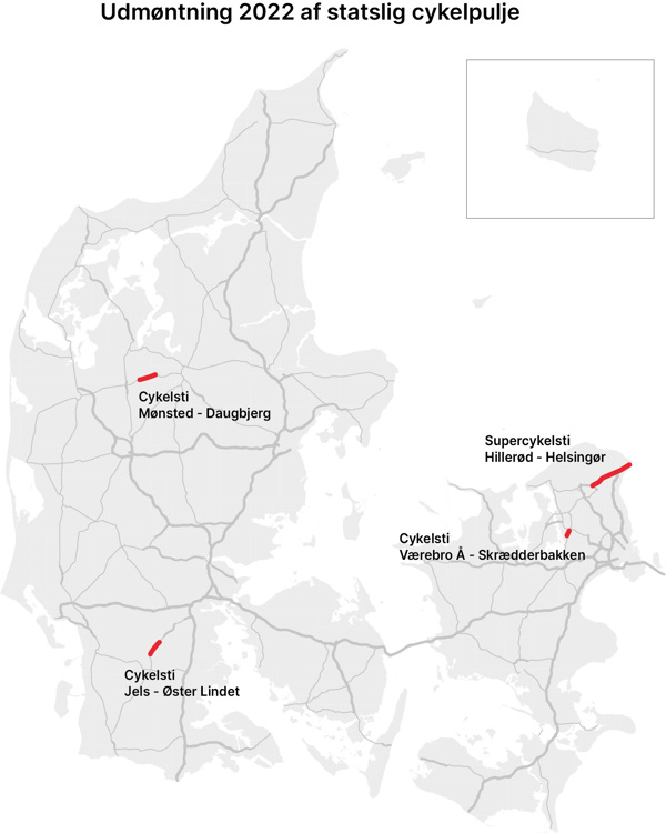 Danmarkskort der viser, hvor de fire projekter ligger.