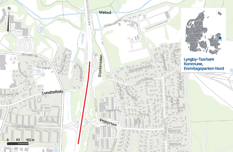 Kort over den strækning, hvor støjskærmen sættes op